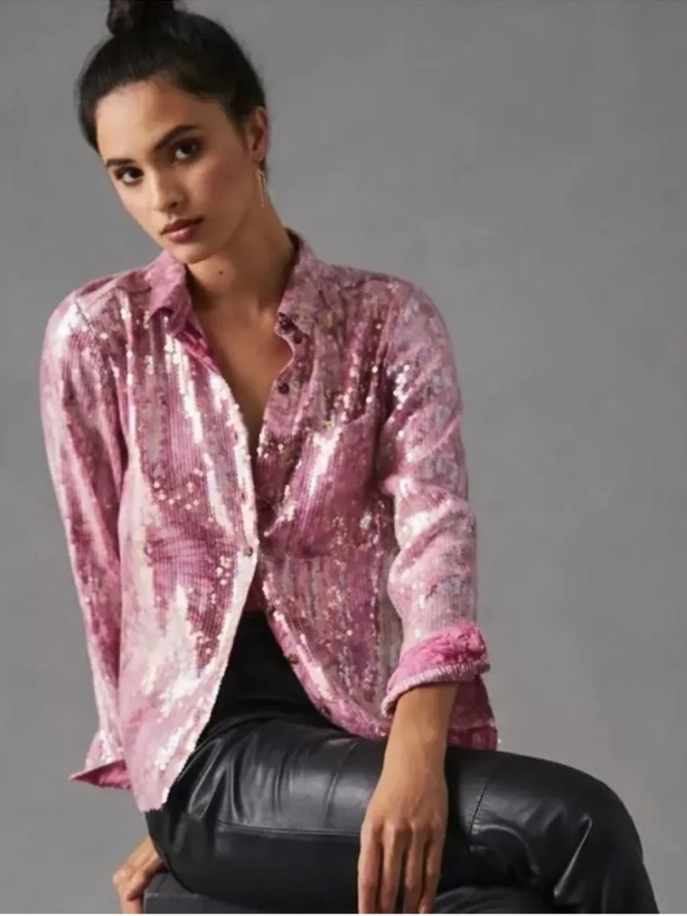 Anthropologie Pilcro Shrunken Pink Sequin Button-Down Shirt size M. Like new.